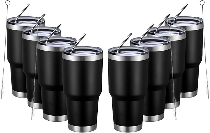 MEWAY 30oz Insulated Tumbler With Lids and Straws,Stainless Steel Double Vacuum Coffee Tumbler Cup, Brush, Durable Powder Coated Coffee Cup for Cold & Hot Drinks(Black,8 PACK)