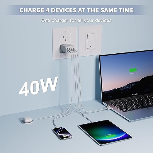 USB C Charger Fast Charging Block,2 Pack 40W PD 4 Port USB C Charger Block Dual Type C Power Adapter+Dual USB-A QC Wall Charging Plug Multiport Brick for iPhone 16/15/14/13/12/11/iPad Pro/Air/Airpods