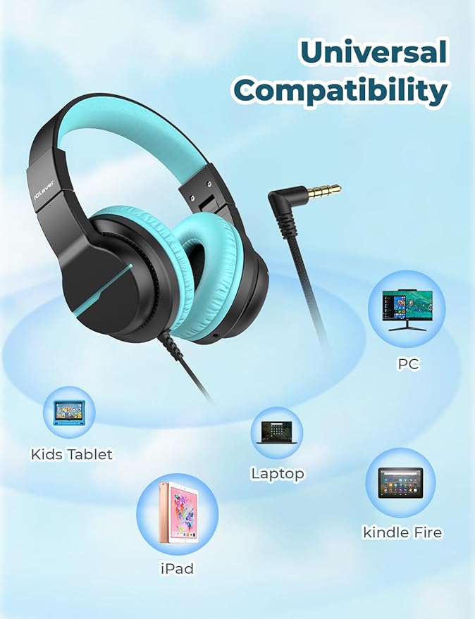 iClever HS19 Kids Headphones with Microphone for School, Volume Limiter 74/85dBA, Over-Ear Girls Boys Headphones for Kids with Shareport, Foldable Wired for iPad/Travel (Black)