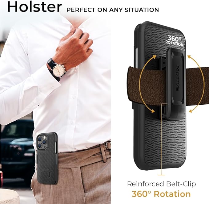 MOTIVE for iPhone 16 Pro Max Holster Case, Belt Clip Case for iPhone 16 Pro Max, Shell Holster Combo 16 Pro Max, Slim Rugged Drop Shockproof Protective Cover with Kickstand (6.9") | Ranger Series