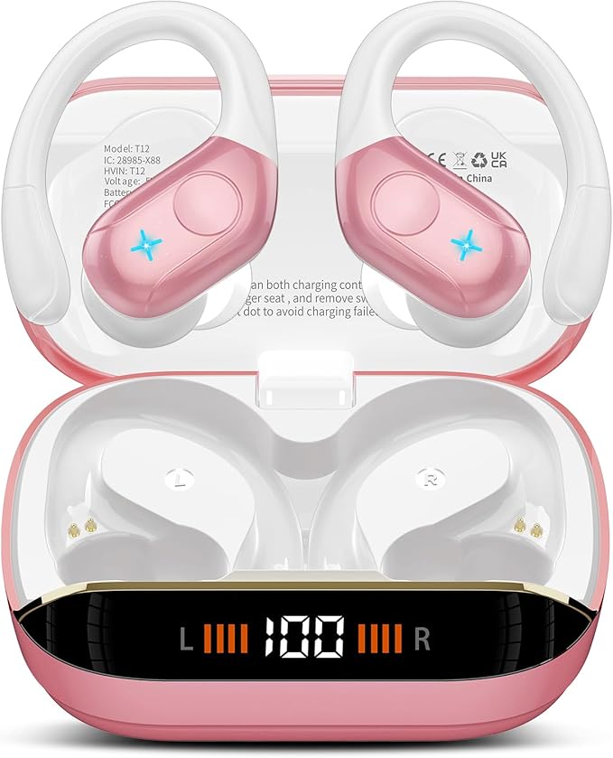 Wireless Earbuds Bluetooth 5.4 Headphones 75H Stereo Deep Bass Sports Over Ear Buds with Earhooks, LED Display Bluetooth Earbuds with 4 ENC Mic, IP7 Waterproof Earphone for Running, Pink