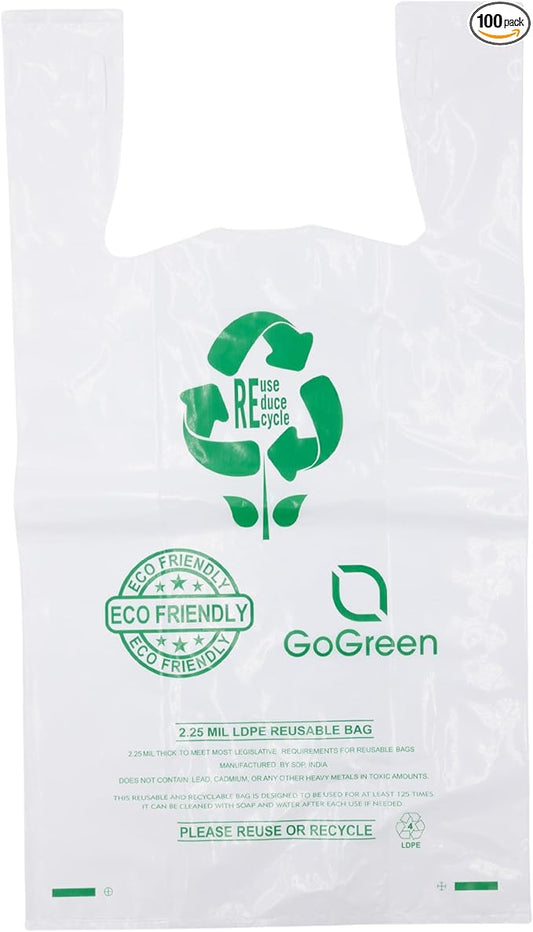 White Reusable/Eco-Friendly LDPE T-Shirt - Super Jumbo 20"x10"x36" - 100 Bags - 57 Micron (2.25 mil) - White - WHLD225MREUSE201036 - AssurePak