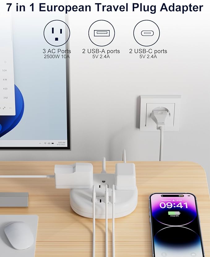European Travel Plug Adapter with USB C, Multi Country Outlet Adapter with 3 AC Outlets and 4 USB Ports, Type C Plug Adapter for US to Most of Europe Iceland Spain Italy France Germany etc