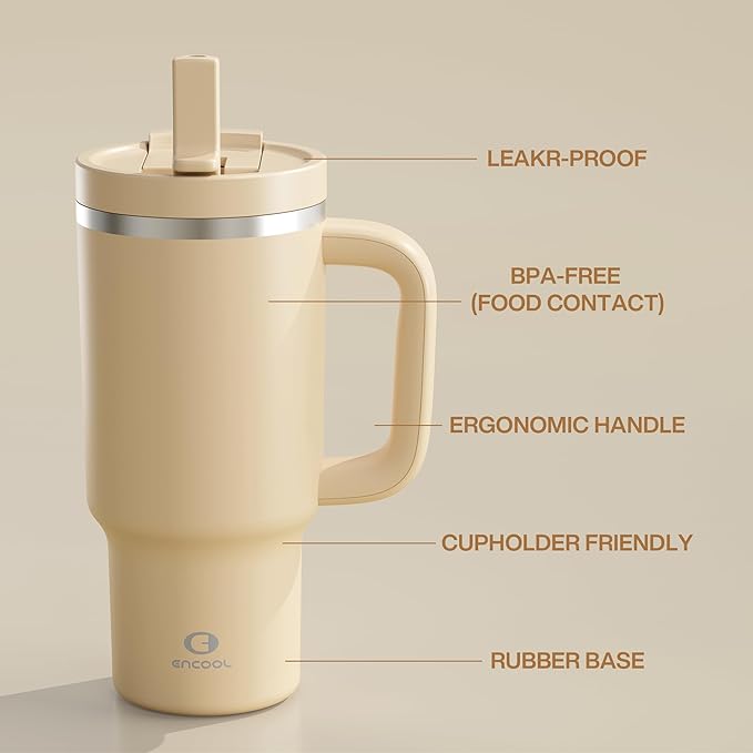 32 oz Tumbler with Handle and Straw: Stainless Steel Insulated Tumbler Keeps Cold for 24 Hours, Leakproof Travel Cup Fits in Cup Holder and BPA-Free, Indian Khaki