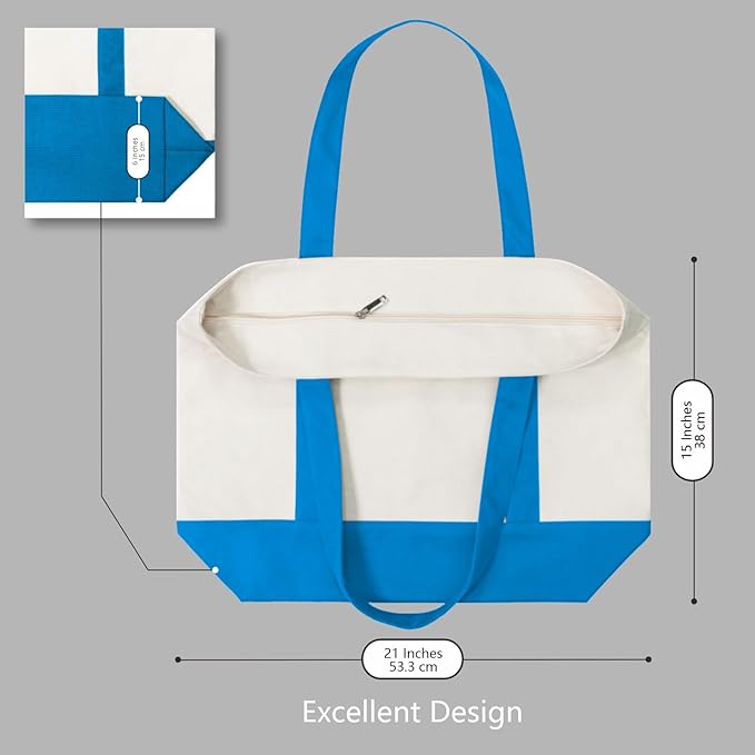 TOPDesign 1-Pack Canvas Tote Bag with an External Pocket, Reusable Grocery Shopping Bag, Top Zipper Closure, Daily Essentials (Ocean Blue/Natural)