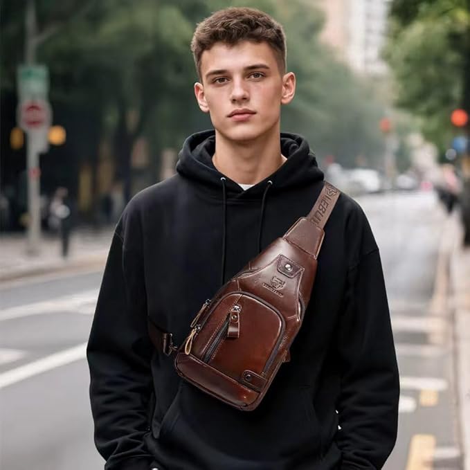 Sling Bag for Men Genuine Leather Chest Bag Crossbody Backpack Travel Hiking Outdoor Sports
