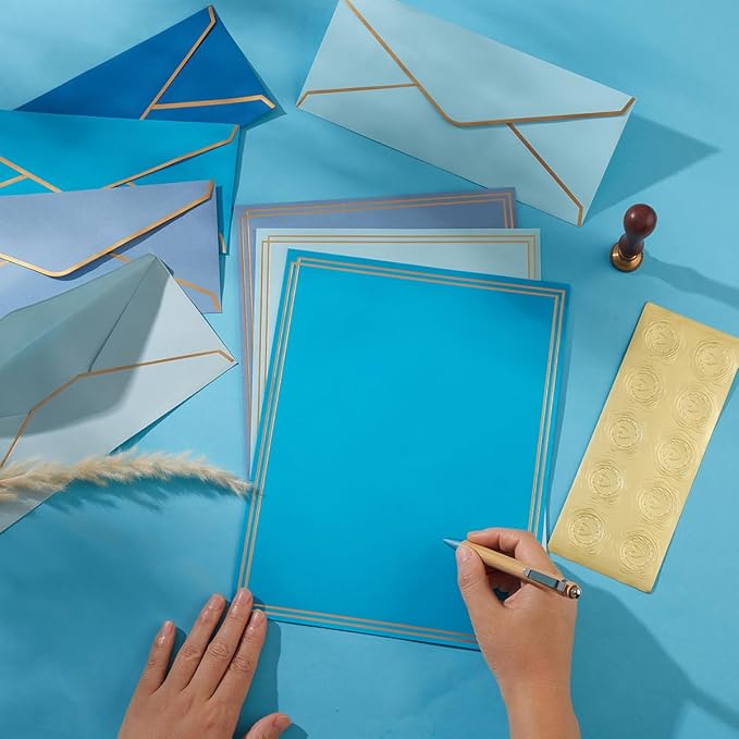 50 Pack 5 Colors Stationery Set with Gold Border, #10 Business Envelopes and 8.5x11 Paper Sheets and Stickers for Writing Letters (Blue)
