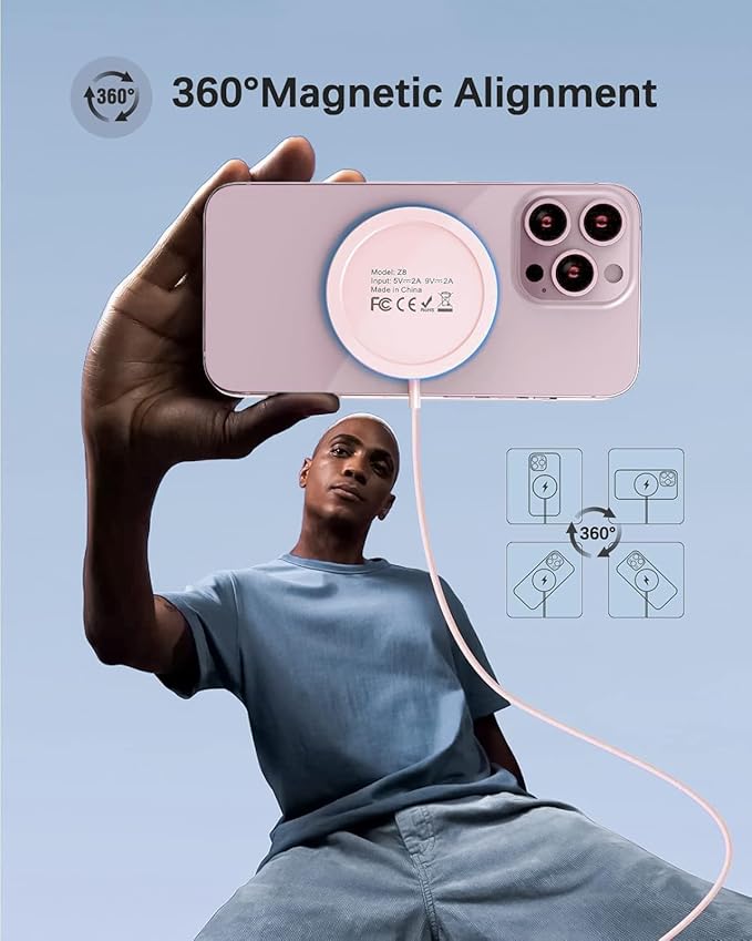 Magnetic Wireless Charger Fast Mag-Safe Charger for 16 Pro Max/16 Pro/16/16 Plus/15/14/13/12 Series AirPods 3/2/Pro/Pro 2 LED Magnet Charging Pad with Dual Charging Ports Pink