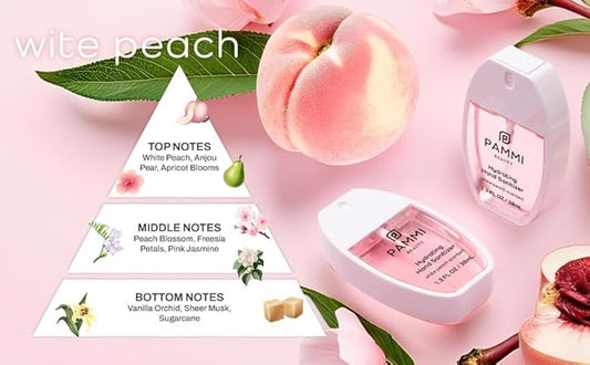 PAMMI Hand Sanitizer Spray Travel Size - Mini Scented Hand Sanitizer Spray Quicky Dry, Pocket Scented Hand Saniztier - 600-Sprays (2 Packs (Guava and White Peach))