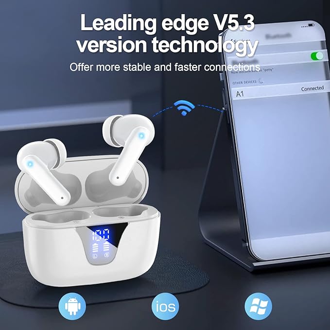 ZIUTY Wireless Earbuds Bluetooth Headphones, 50H Playtime Ear Buds with Mic, LED Digital Display Charging Case, IPX7 Waterproof, Deep Bass Stereo, in-Ear Earphone for iPhone Andriod Phone