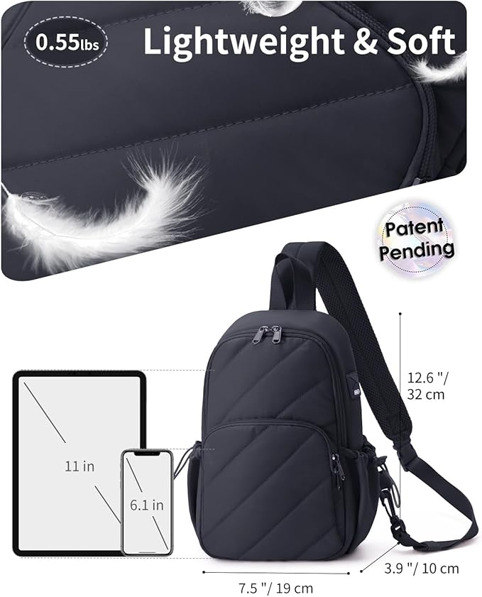 Wandering Nature Sling Bag for Women Lightweight Quilted Crossbody Bag Fits for 11" Tablet with Breathable Back Panel Anti Theft Pocket Padded Strap USB Charge Port, Ideal for Travel, Daily Use