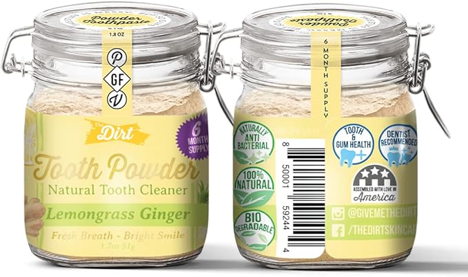 The Dirt - Remineralizing Tooth Powder, Natural Fluoride-Free Teeth Whitening Powder with Hydroxyapatite, Flouride & Gluten Free, Organic Vegan (Lemongrass & Ginger, 51g: 6 Month Supply)