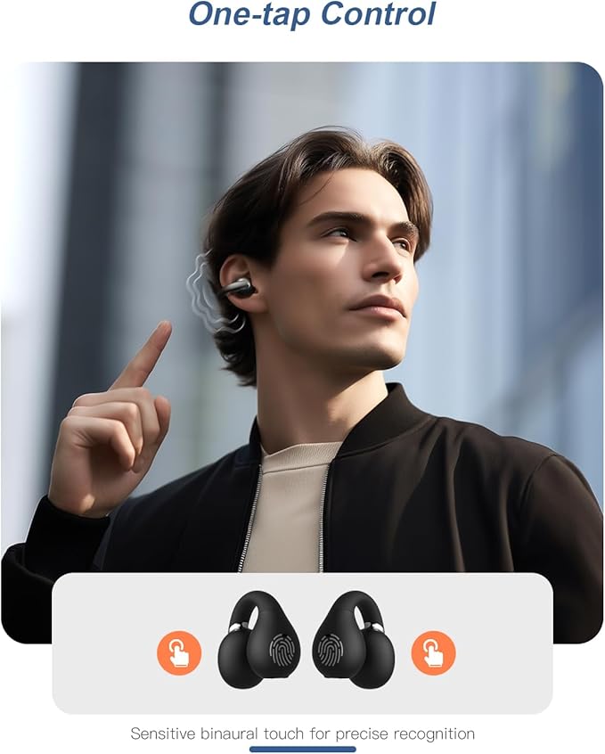 Open Ear Earbuds Bluetooth 5.4 True Wireless Clip On Earbuds Lightweight Comfort Bone Conduction Headphones Built-in Mic for Clear Audio Waterproof Stable Fit for Outdoor Sports Black