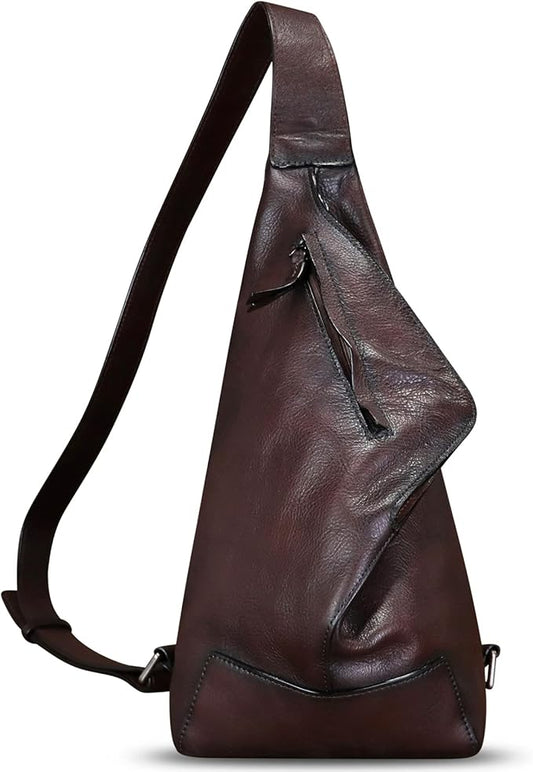 Genuine Leather Sling Bag for Men and Women Vintage Full Grain Leather Sling Purse Chest Daypack Over Shoulder Crossbody Bag (Coffee)