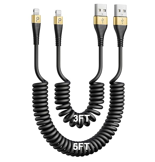 iPhone Charger Cable for Car (3FT/5FT), 2Pack Coiled Lightning Cable, [Apple MFi Certified] Short Charging Cord Compatible with iPhone 14/13/12/11 Pro Max/XS MAX/XR/XS/8/iPad/iPod/CarPlay-Gold