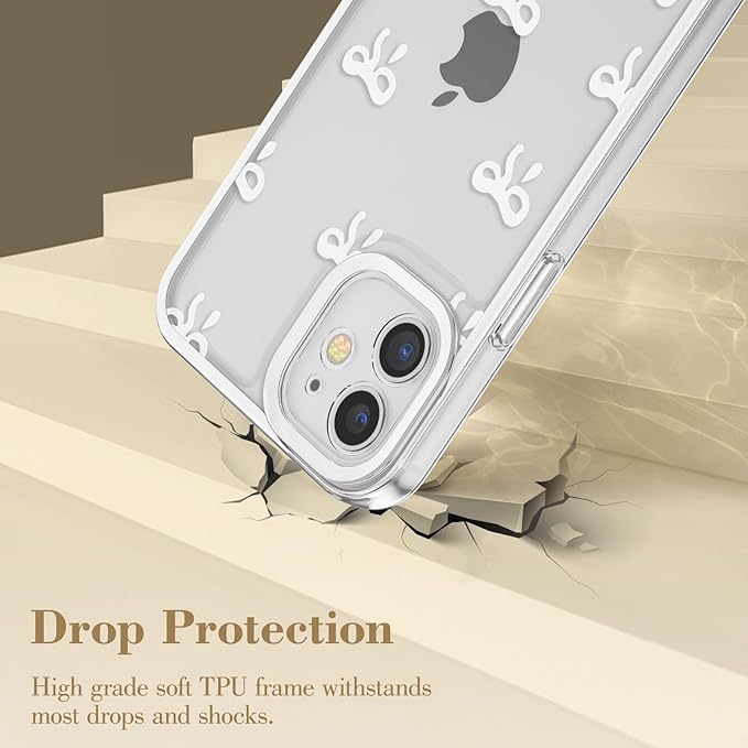 EYZUTAK Case for iPhone 12, Clear Cute Ribbon Bowknot Pattern Aesthetic Transparent Phone Case Raised Camera Protection Stylish Slim Soft Durable TPU Protective Cover for Women Girls - White
