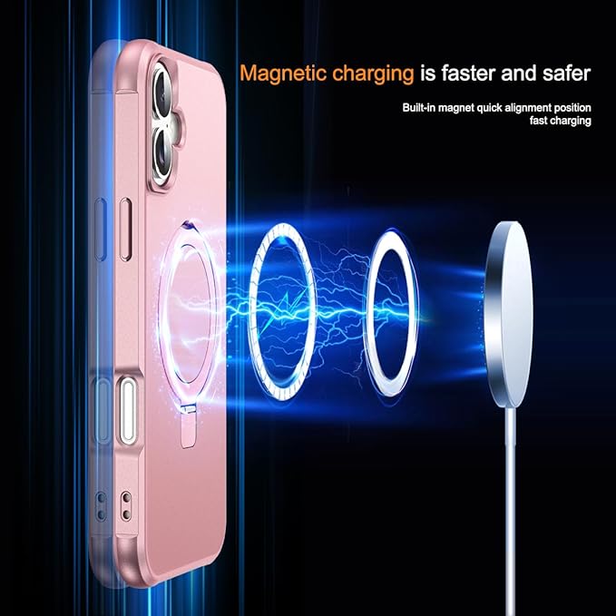 Compatible with iPhone 16 Plus Case with Invisible Magnetic O-Ring Stand Military-Grade Case for iPhone 16 Plus 6.7" [Compatible with Mag-Safe][Great Grip Feeling], Rose Gold