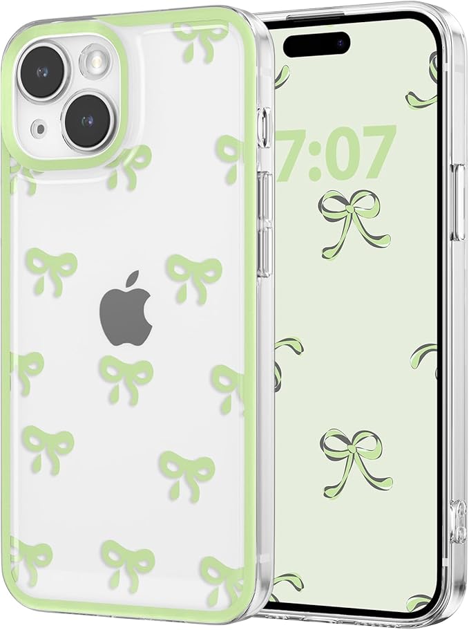 EYZUTAK Case for iPhone 15, Clear Cute Ribbon Bowknot Pattern Aesthetic Transparent Phone Case Raised Camera Protection Stylish Slim Soft Durable TPU Protective Cover for Women Girls - Green