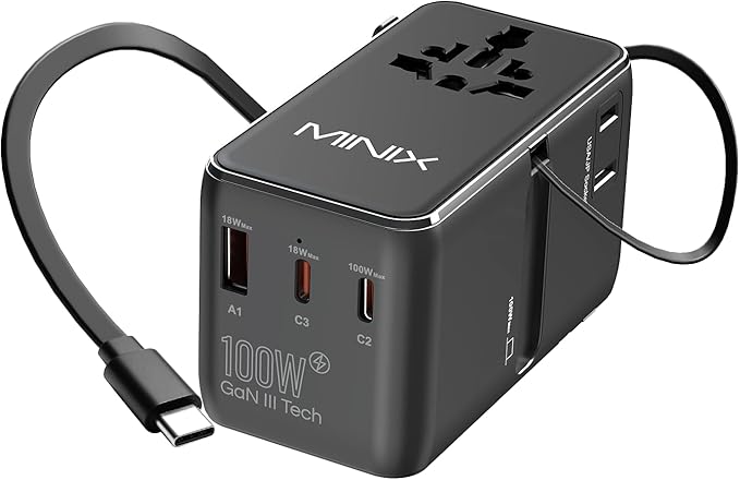 MINIX 100W Universal Travel Adapter with Retractable USB C Cable,GaN III International Power Adapter, Type-C*3 USB-A*1 Ports, AC Outlet, Worldwide Travel Charger for Laptops Tablets Phones Cameras