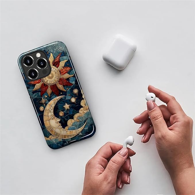 Case for iPhone 12 Pro Max Case,Sun Moon Stars Faux Stained Glass Design Hybrid Dual Protection Silicone + Hard PC Shockproof Full Body Cover,Slim Anti-Scratch Protective for Men Women