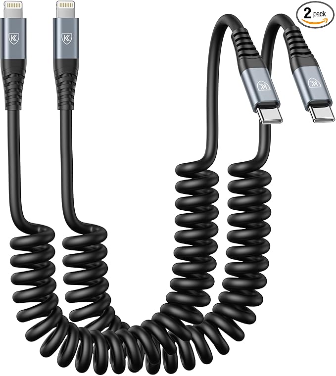 KIYODA USB Type C to Lightning Cable 6FT 2Pack, Coiled iPhone Charger Fast Charging for CarPaly Short USBC iPhone Cord for iPhone14/13/12/11 Pro Max/iPad/CarPlay-Black