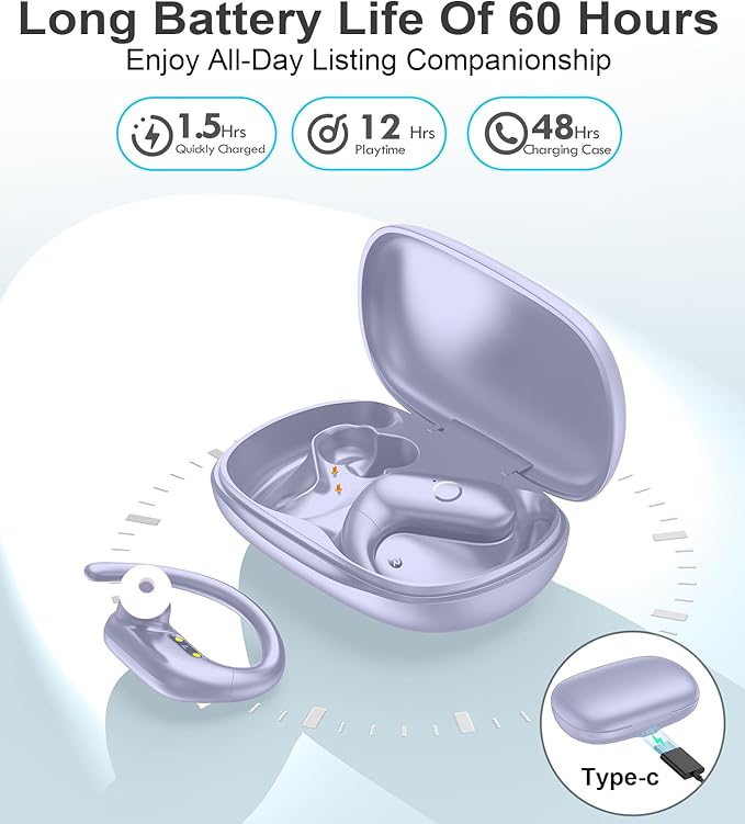 MOZOTER Wireless Earbuds Bluetooth Headphones Sport,Over Ear Buds with Deep Bass Sound,60Hrs Playtime Earphones Redesigned Comfort Fit with Earhooks for Running,Meeting,Workout- Purple