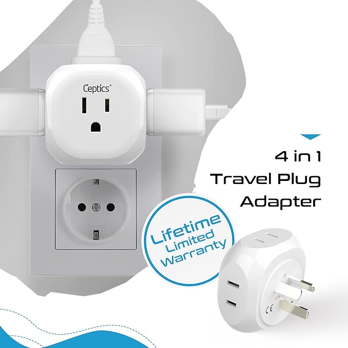 Ceptics Australia, New Zealand, China Travel Plug Adapter by - 4 Input - USA to Any Type I Countries Such as New Zealand, Argentina and More - 4 Pack (PT-16), White (PT-16-4PK)