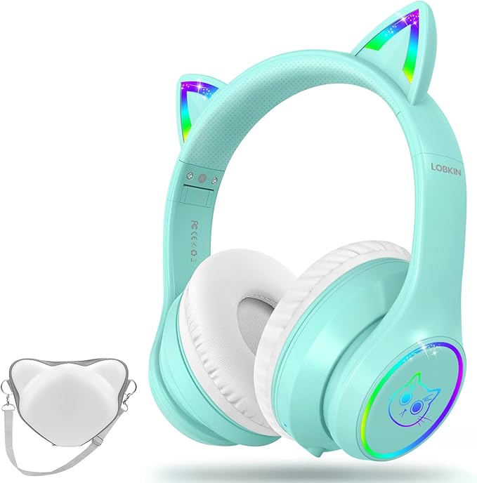LOBKIN Bluetooth 5.4 Kids Headphones with Case - RGB LED Light Up Cat Ears Foldable Adjustable Over Ear Headphone Support Wireless or 3.5mm Wired Mode for Toddler & Girls & Boys Teens