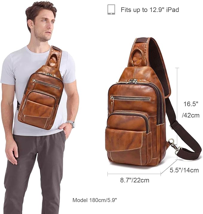 LANNSYNE Full Grain Leather Casual Sling Bag For Men Hiking/Travel/Business Crossbody Chest Bag Fits 12.9" iPad