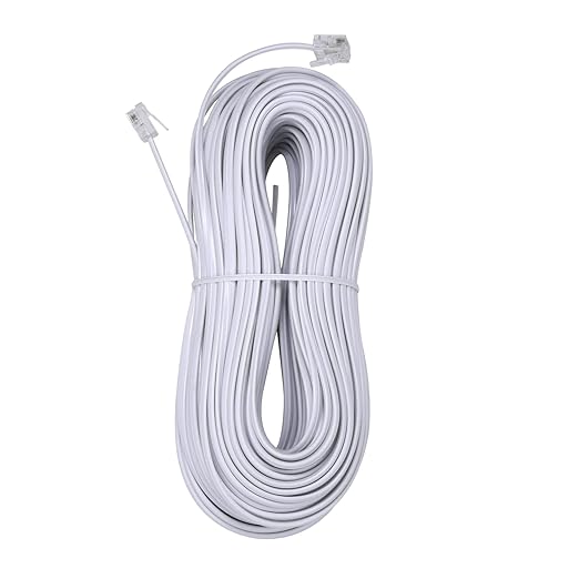 100Feet Long Telephone Extension Cord Phone Cable Line Wire, with Standard RJ11 Plug and 1 in-Line Couplers and 35Cable Clip Holders-White