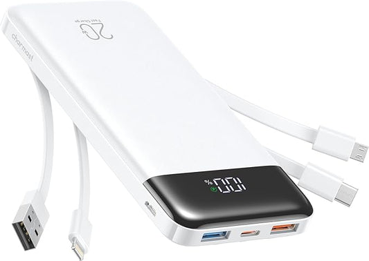 charmast 20000mAh Portable Charger with Built in Cables, 22.5W Travel Power Bank Fast Charging, USB C Cell Phone Battery Pack for iPhone 16/15/14/13/12/11 Series, iPad, Samsung, Android, Tablet