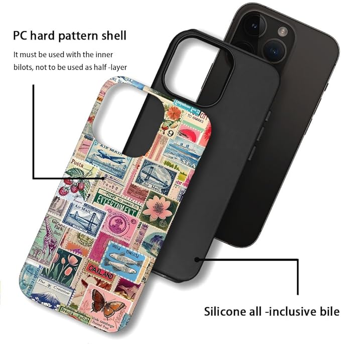 DAIZAG Case Compatible with iPhone 15 Pro,Fit Shockproof Cover for Women Girls,Retro Stamp Collage