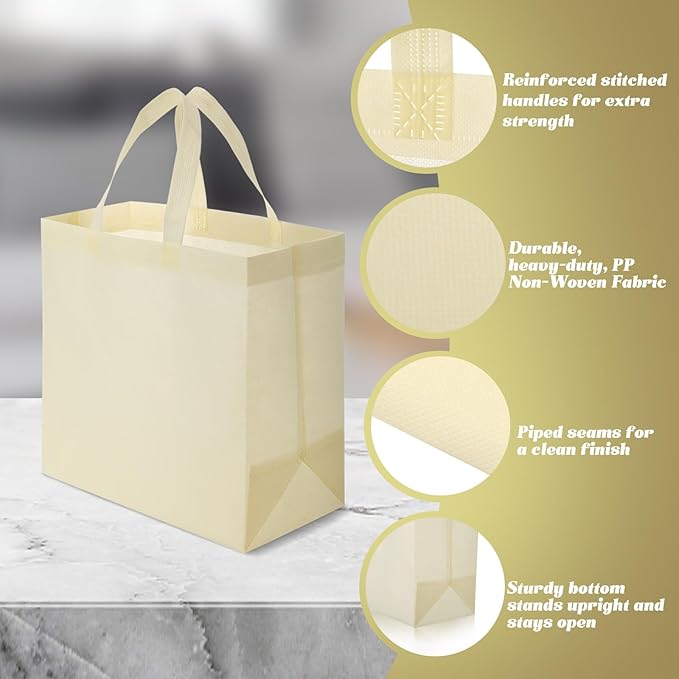 Reginary Reusable Totes Bags - 100 Pcs Non Woven Grocery Handle Bags for Shop Events & Retail Store(Beige)