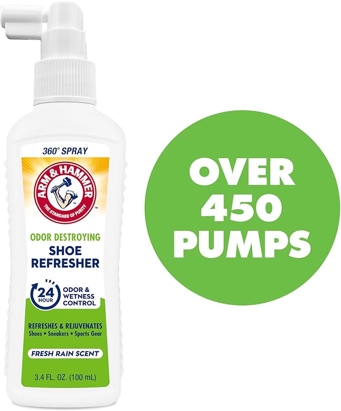 Arm & Hammer Shoe Refresher Spray, Odor Eliminator for Sneakers, 24 Odor & Wetness Control, Aerosol-Free Shoe Deodorizer Spray, Fresh Rain Scent, 3.4 oz
