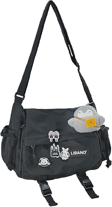 Nylon Messenger Bag Kawaii Crossbody Bag with Cute Pins Aesthetic Shoulder Bag for Women and Men