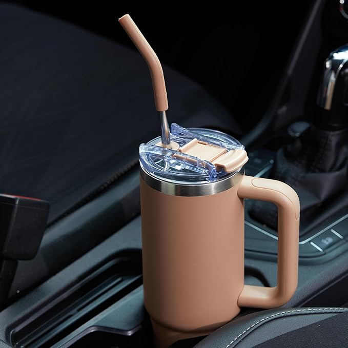 40 oz Tumbler with Handle and Straw Lid,Insulated Reusable Stainless Steel Water Bottle Travel Mug，Cupholder Friendly Double Wall Vacuum Sealed Cup (Mocha)