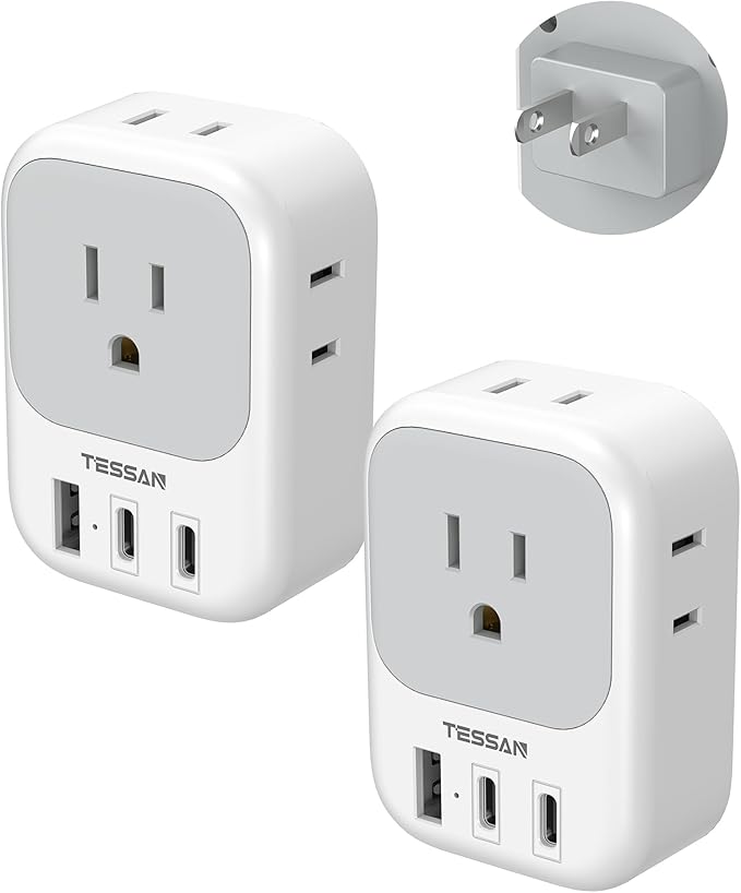 US to Japan Plug Adapter 2 Pack, TESSAN 2 Prong to 3 Prong Outlet Adapter with 4 Outlets 3 USB (2 USB-C), Outlet Adaptor US to Japan China Mexico Philippines Canada Peru Thailand Vietnam