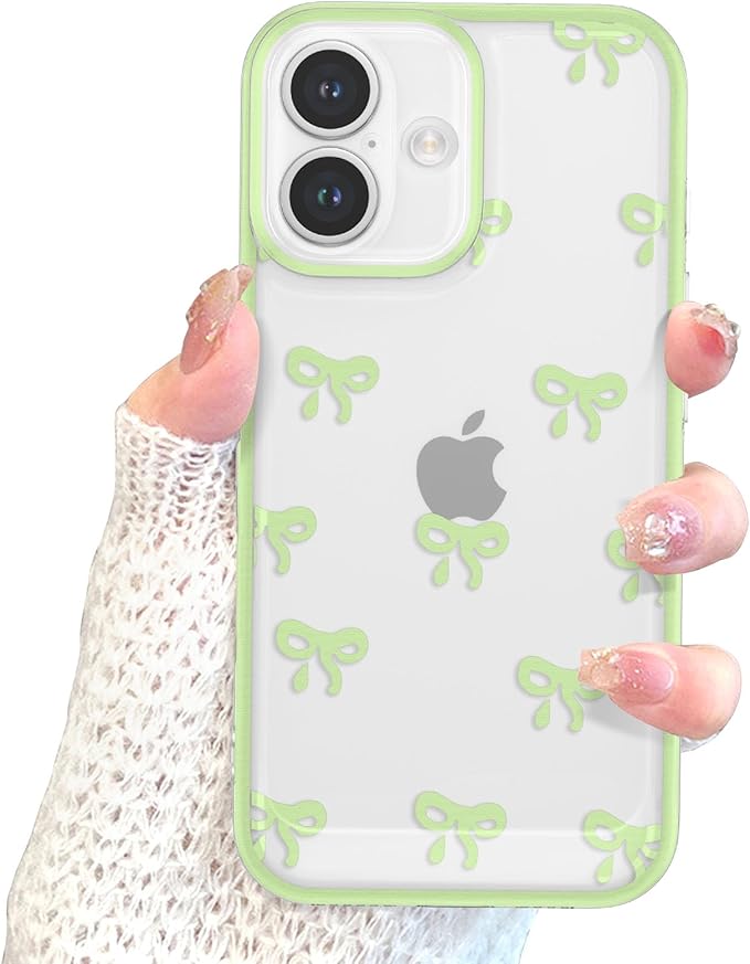 EYZUTAK Case for iPhone 17, Clear Cute Ribbon Bowknot Pattern Aesthetic Transparent Phone Case Raised Camera Protection Stylish Slim Soft Durable TPU Protective Cover for Women Girls - Green