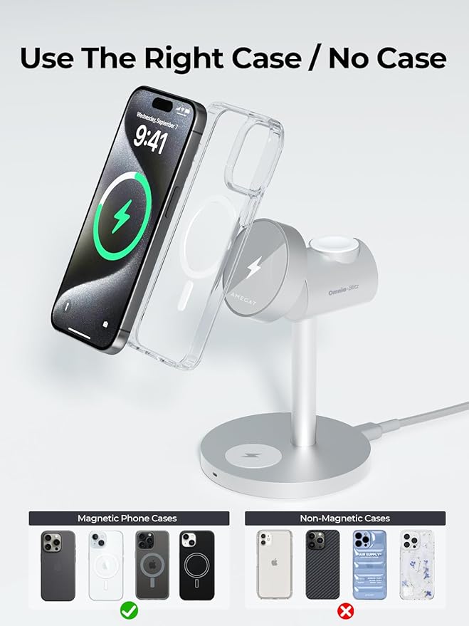 MagFusion 3-in-1 Charging Station Compatible with MagSafe, Qi2 Certified 15W Wireless Charger Stand, Magnetic Charger for iPhone 17/16/15/14/13/12 Series, Apple Watch, AirPods, Silver