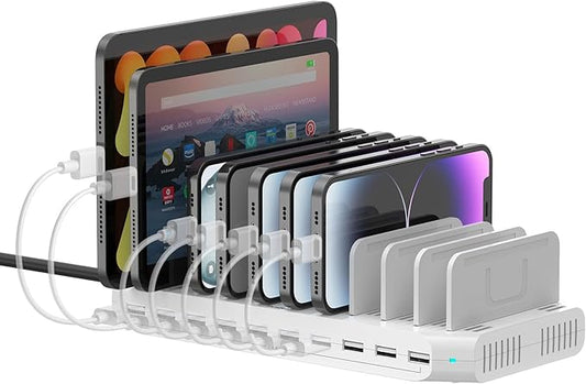 60W 10 Ports USB Charging Station for Multiple Devices, Multiple Charging Station with Adjustable Dividers Compatible with Tablets, Kindle, Smartphones