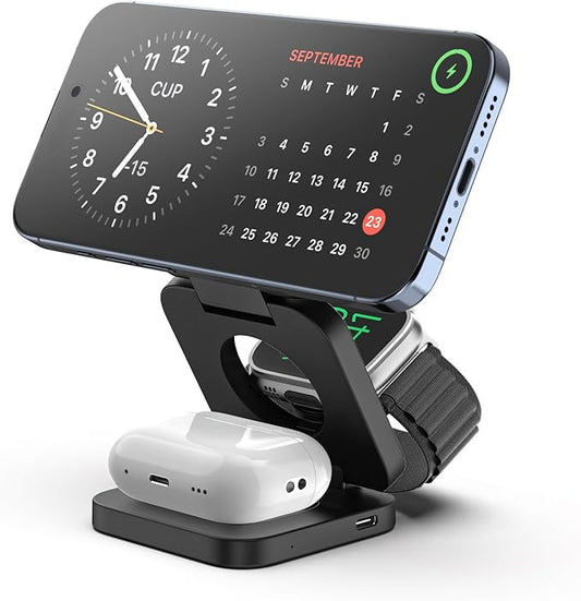 Fast Wireless Charger, Magnetic Foldable 3 in 1 Charging Station for iPhone 17/16/15/14/13/12/Pro/Plus/Pro Max, 5W Portable Charger for Apple Watch10/9/8/7/6/5/4/3/SE, for Airpods3/2/Pro-Black
