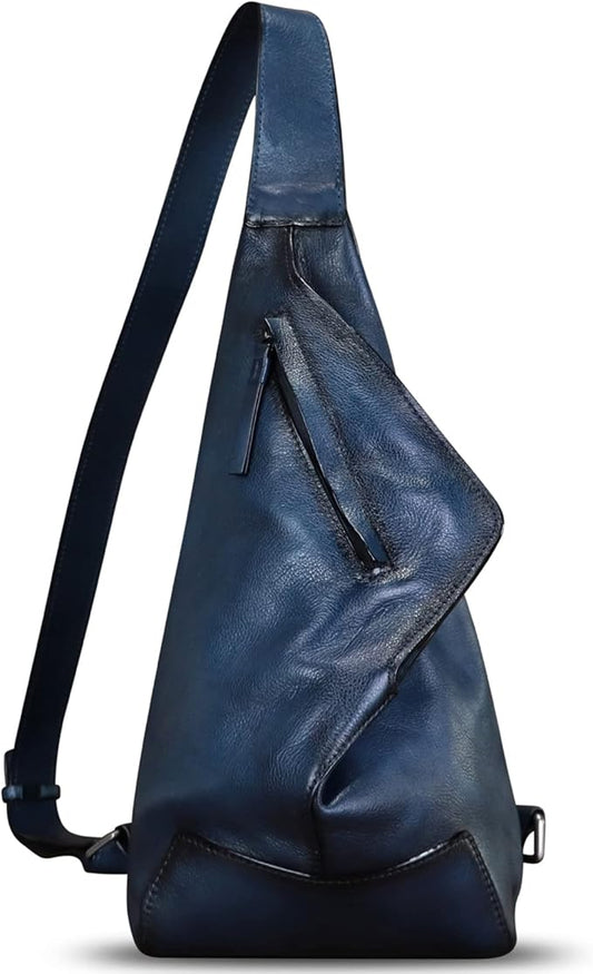 Genuine Leather Sling Bag for Men and Women Vintage Full Grain Leather Sling Purse Chest Daypack Over Shoulder Crossbody Bag (Navy)
