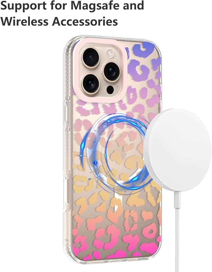 SAKUULO Magnetic for iPhone 16 Pro Case Colourful Leopard Print Pattern [Compatible with MagSafe] [with Screen Protector] Wireless Charge Strengthen Protection Cover, Colourful Leopard (6.3")