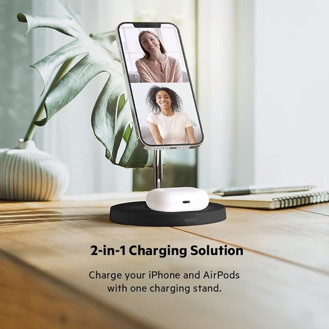 Belkin MagSafe 2-in-1 Wireless Charging Stand for Apple iPhone 13, 14, 15, 16, & AirPods - Fast Charging Station for Multiple Devices - Black