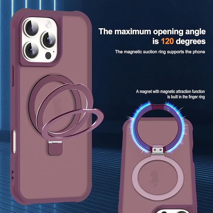 Compatible with iPhone 16 Pro Case with Invisible Magnetic O-Ring Stand Military-Grade Translucent Case for iPhone 16 Pro 6.3" [Compatible with Mag-Safe][Great Grip Feeling], Wine Red