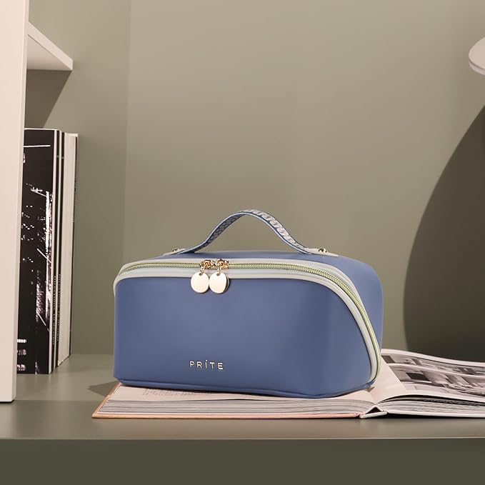 Prite Makeup Bag for Women Travel Waterproof Vegan Leather Cosmetic Bag Open Flat Toiletry Bag With Clear Divider and Handle (Blue)