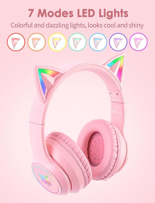 Cat Ear Bluetooth Headphones with Micphone for Kids & Adults, LED Light Up Wireless HI-FI Sound Quality, Over-Ear Headphones with Volume Control for iPhone/iPad/Laptop/PC(55H Play Time)
