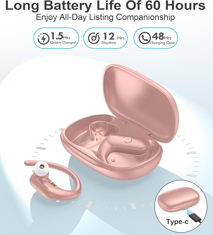 MOZOTER Wireless Earbuds Bluetooth Headphones Sport,Over Ear Buds with Deep Bass Sound,60Hrs Playtime Earphones Redesigned Comfort Fit with Earhooks for Running,Meeting,Workout- Pure Pink