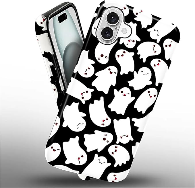 Case for iPhone 16 Case,Halloween Ghosts Bats Design - Hybrid Dual Protection Silicone + Hard PC Shockproof Full Body Cover Slim Anti-Scratch Protective Case for Men Women