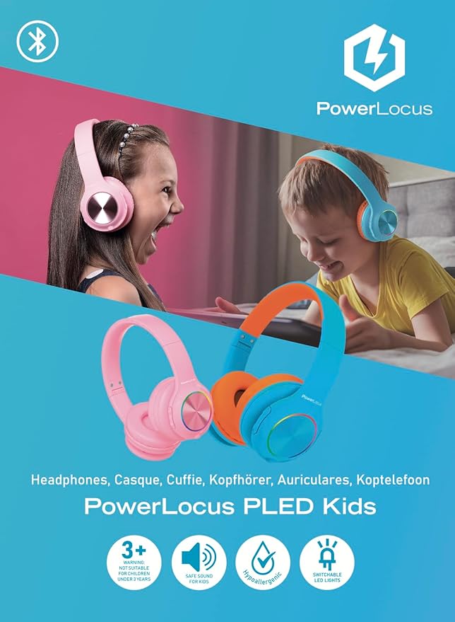 PowerLocus PLED Kids Bluetooth Headphones, Kids Wireless Headphones with LED Lights, 74/85/94dB Safe Volume, Micro SD, AUX Cable, Hi-Fi Stereo, Built-in Mic Over Ear Kid Headphone for Travel/Tablet/PC